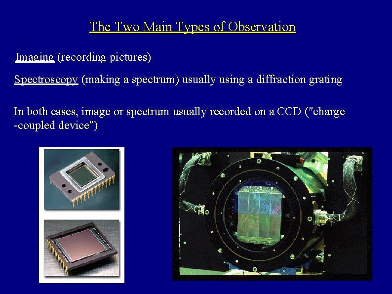 The Two Main Types of Observation Imaging (recording pictures) Spectroscopy (making a spectrum) usually