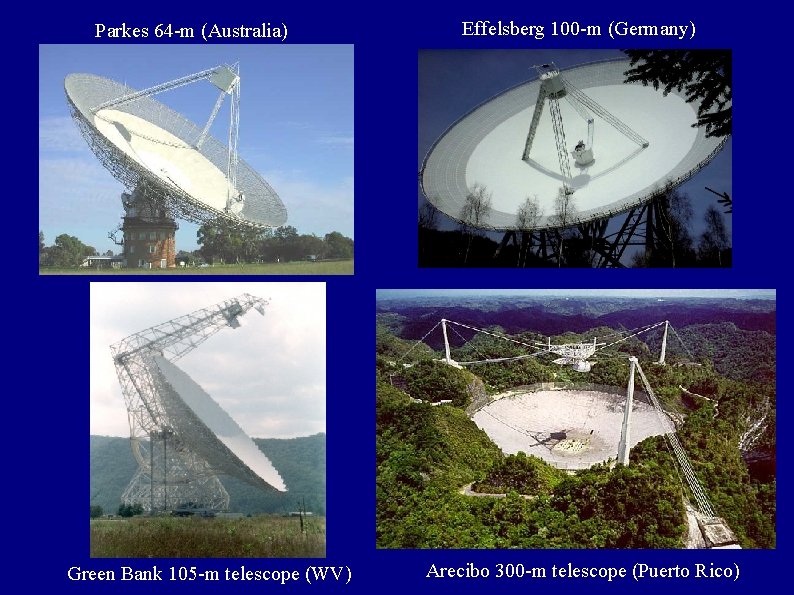 Parkes 64 -m (Australia) Green Bank 105 -m telescope (WV) Effelsberg 100 -m (Germany)