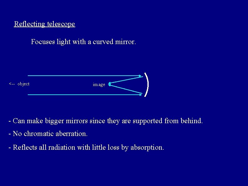 Reflecting telescope Focuses light with a curved mirror. <-- object image - Can make