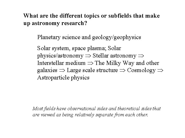 What are the different topics or subfields that make up astronomy research? Planetary science
