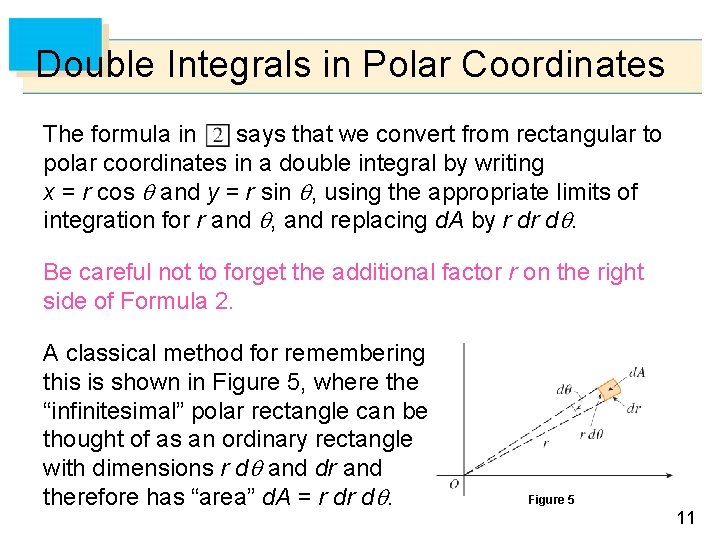Double Integrals in Polar Coordinates The formula in says that we convert from rectangular