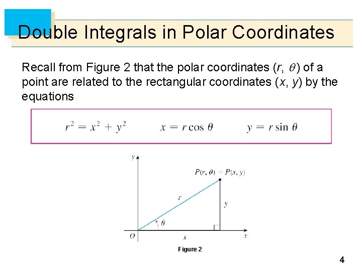 Double Integrals in Polar Coordinates Recall from Figure 2 that the polar coordinates (r,