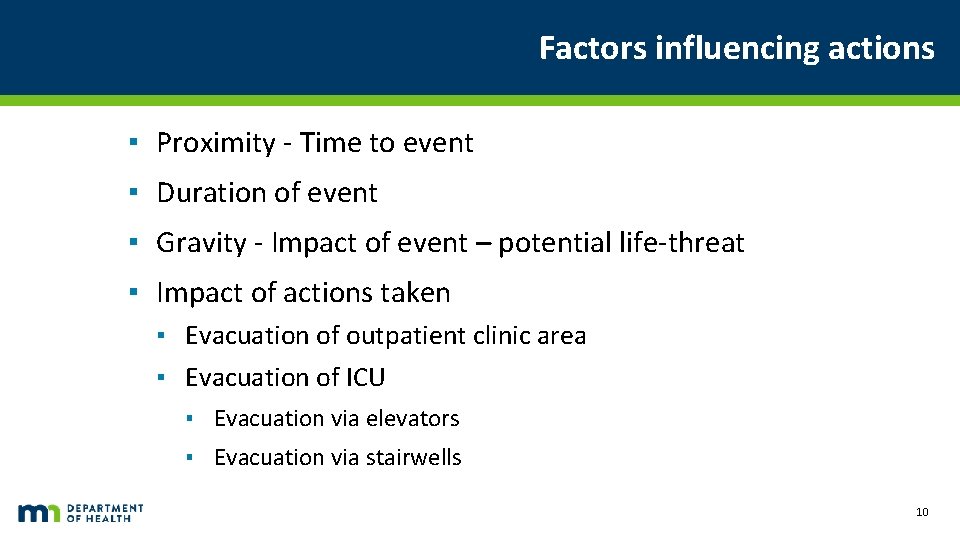 Factors influencing actions ▪ Proximity - Time to event ▪ Duration of event ▪