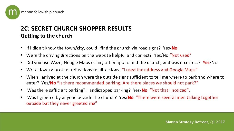 2 C: SECRET CHURCH SHOPPER RESULTS Getting to the church If I didn’t know