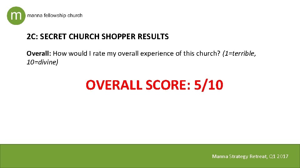 2 C: SECRET CHURCH SHOPPER RESULTS Overall: How would I rate my overall experience