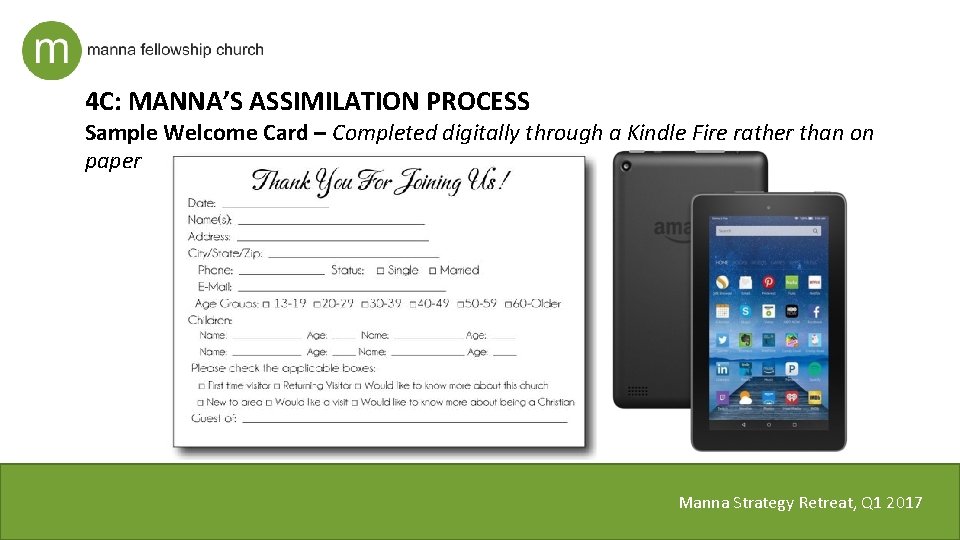 4 C: MANNA’S ASSIMILATION PROCESS Sample Welcome Card – Completed digitally through a Kindle