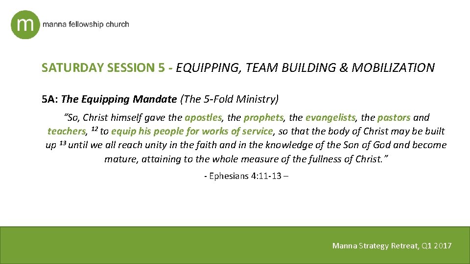 SATURDAY SESSION 5 - EQUIPPING, TEAM BUILDING & MOBILIZATION 5 A: The Equipping Mandate