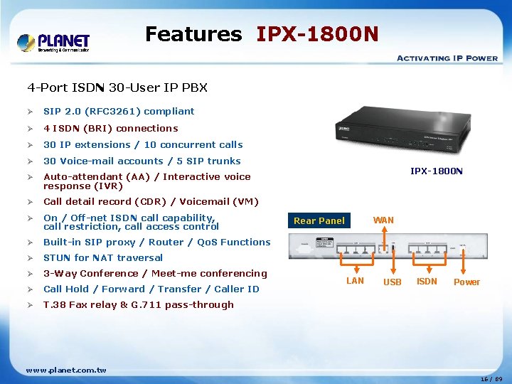 Features IPX-1800 N 4 -Port ISDN 30 -User IP PBX Ø SIP 2. 0