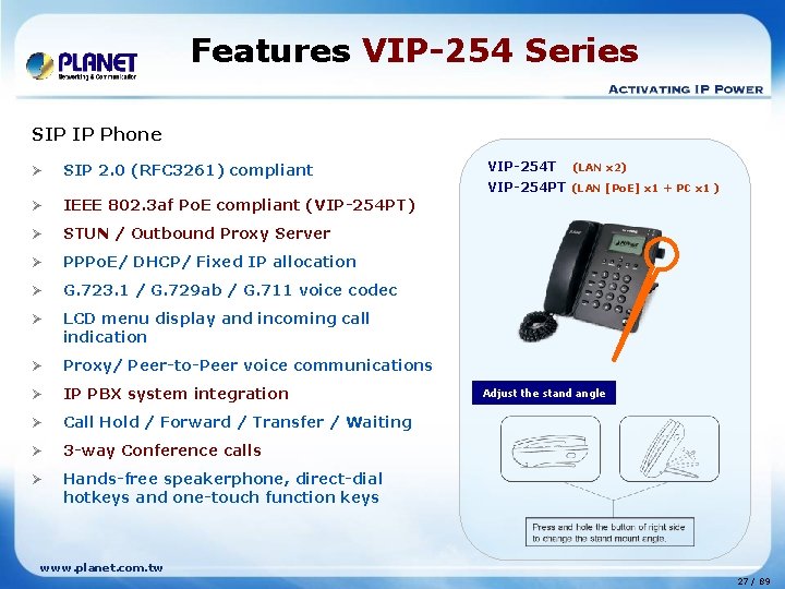 Features VIP-254 Series SIP IP Phone Ø SIP 2. 0 (RFC 3261) compliant Ø