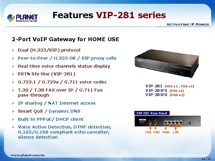 Features VIP-281 series 2 -Port Vo. IP Gateway for HOME USE Ø Dual (H.