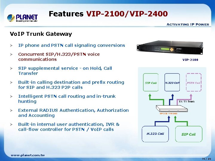Features VIP-2100/VIP-2400 Vo. IP Trunk Gateway Ø IP phone and PSTN call signaling conversions