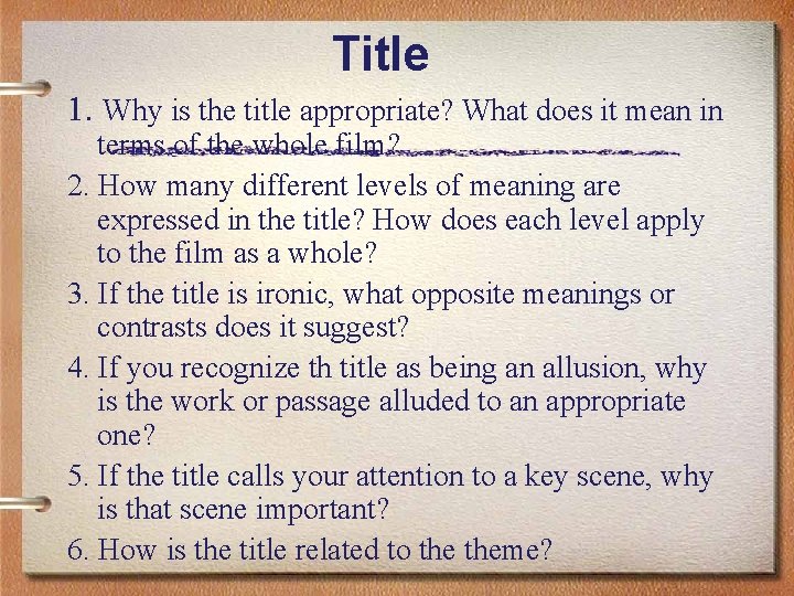 Title 1. Why is the title appropriate? What does it mean in terms of