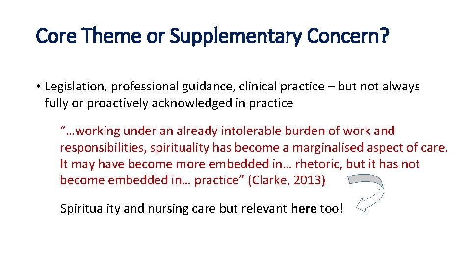 Core Theme or Supplementary Concern? • Legislation, professional guidance, clinical practice – but not