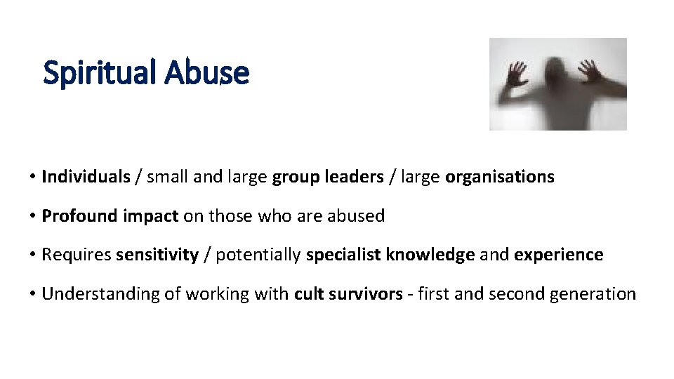 Spiritual Abuse • Individuals / small and large group leaders / large organisations •