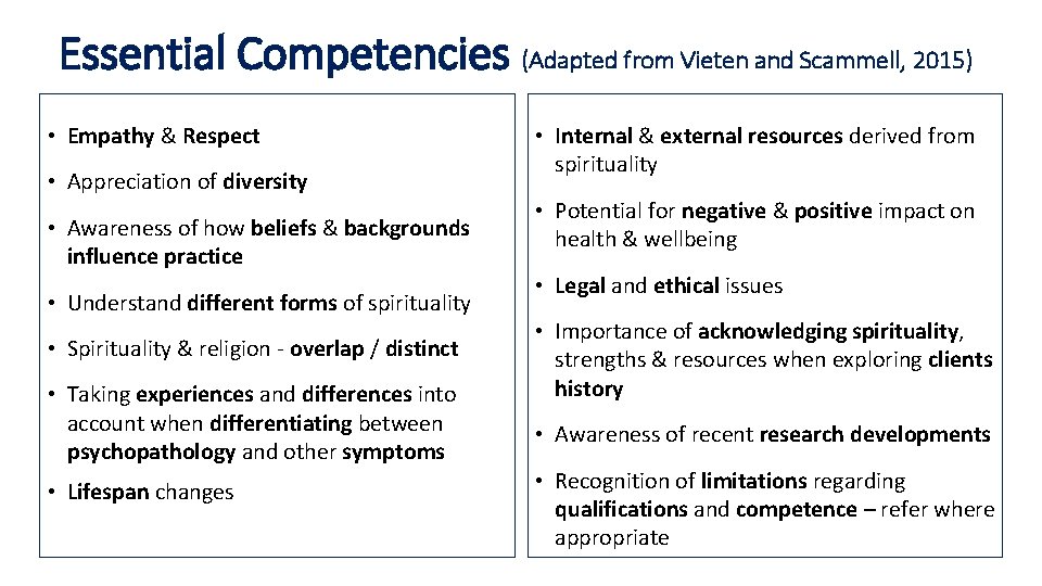 Essential Competencies (Adapted from Vieten and Scammell, 2015) • Empathy & Respect • Appreciation