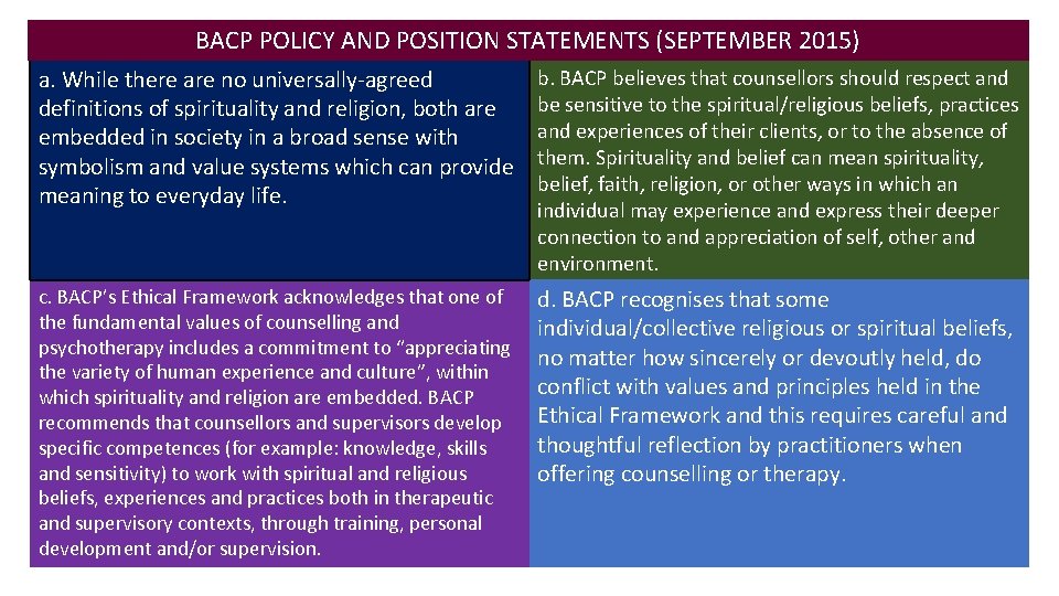 BACP POLICY AND POSITION STATEMENTS (SEPTEMBER 2015) a. While there are no universally-agreed definitions