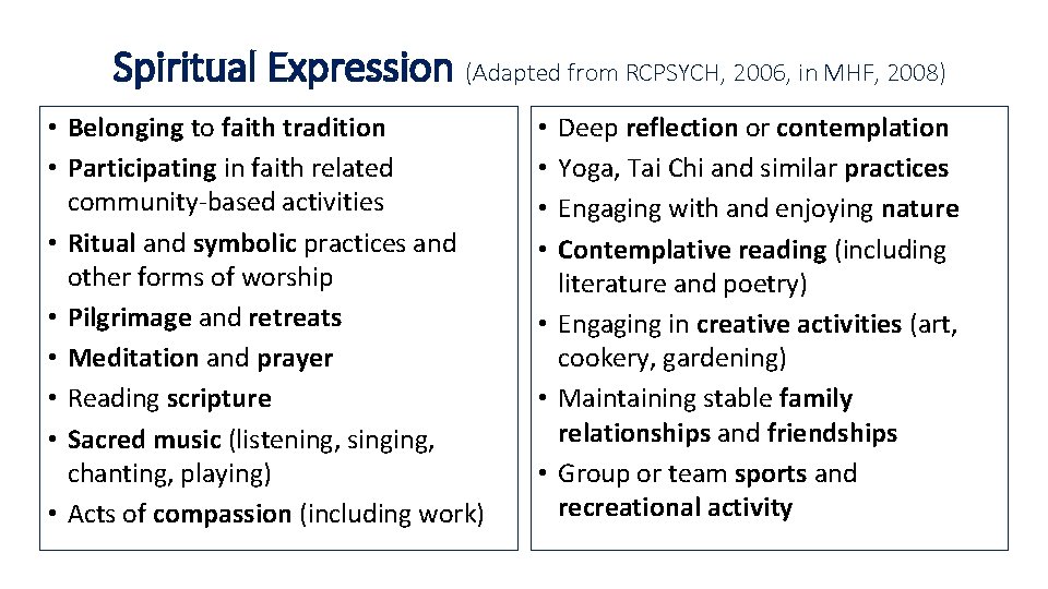 Spiritual Expression (Adapted from RCPSYCH, 2006, in MHF, 2008) • Belonging to faith tradition