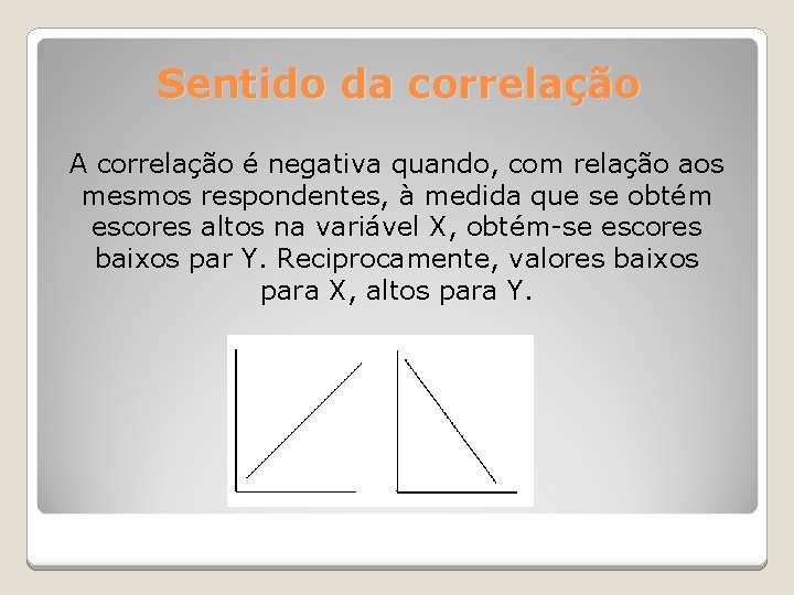 Sentido da correlação A correlação é negativa quando, com relação aos mesmos respondentes, à