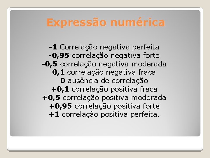 Expressão numérica -1 Correlação negativa perfeita -0, 95 correlação negativa forte -0, 5 correlação