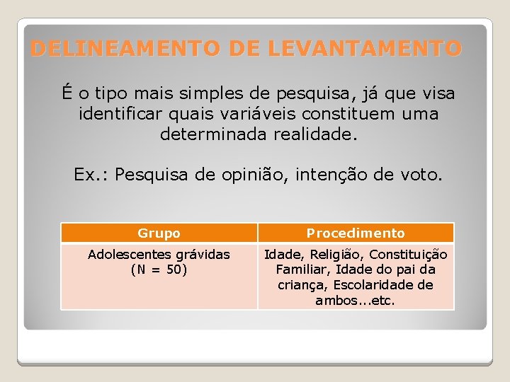 DELINEAMENTO DE LEVANTAMENTO É o tipo mais simples de pesquisa, já que visa identificar