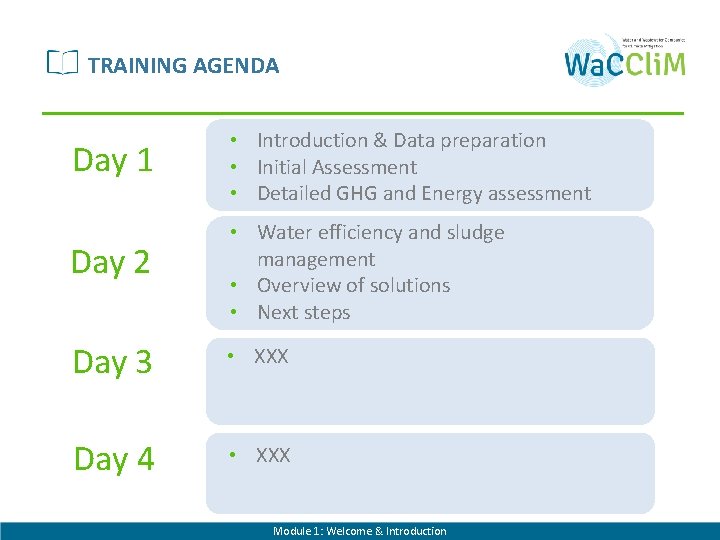  TRAINING AGENDA Day 1 • Introduction & Data preparation • Initial Assessment •