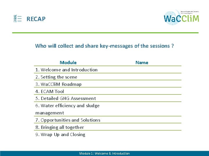 RECAP Who will collect and share key-messages of the sessions ? Module 1. Welcome