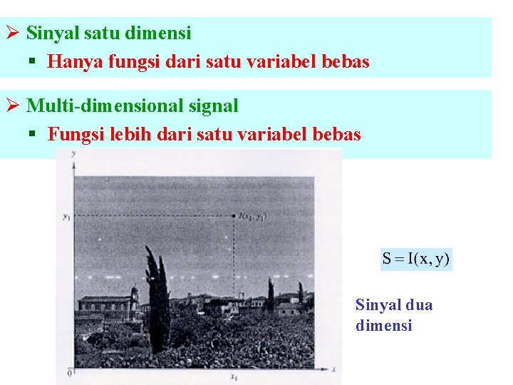 Ø Sinyal satu dimensi § Hanya fungsi dari satu variabel bebas Ø Multi-dimensional signal