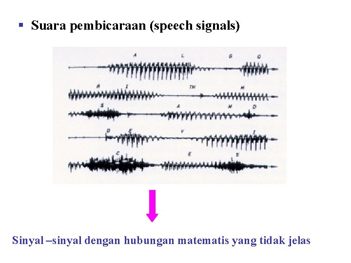 § Suara pembicaraan (speech signals) Sinyal –sinyal dengan hubungan matematis yang tidak jelas 