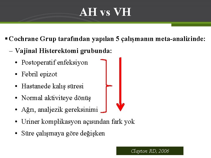 AH vs VH § Cochrane Grup tarafından yapılan 5 çalışmanın meta-analizinde: – Vajinal Histerektomi