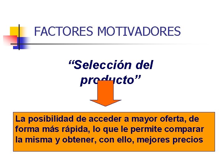 FACTORES MOTIVADORES “Selección del producto” La posibilidad de acceder a mayor oferta, de forma