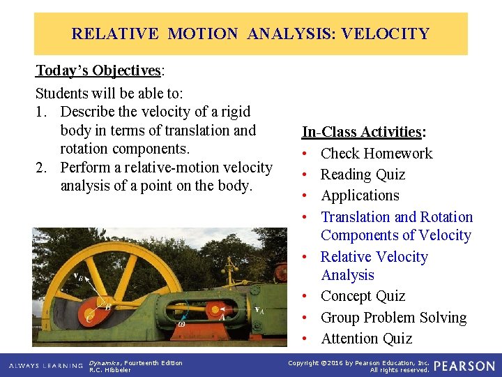 RELATIVE MOTION ANALYSIS: VELOCITY Today’s Objectives: Students will be able to: 1. Describe the