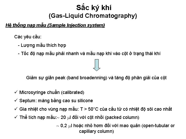 Sắc ký khí (Gas-Liquid Chromatography) Hệ thống nạp mẫu (Sample Injection system) Các yêu