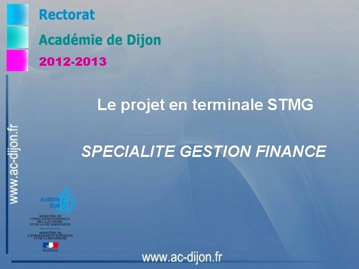 2012 -2013 Le projet en terminale STMG SPECIALITE GESTION FINANCE 