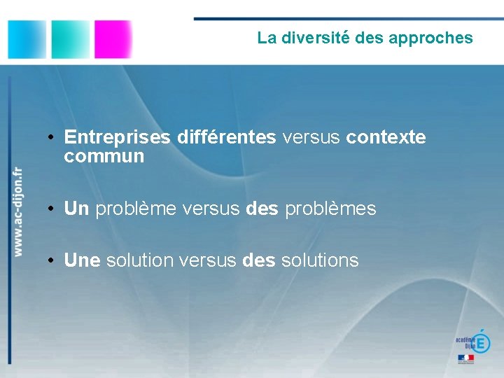 La diversité des approches • Entreprises différentes versus contexte commun • Un problème versus