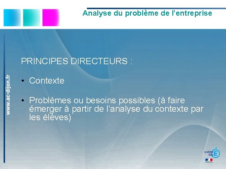 Analyse du problème de l’entreprise PRINCIPES DIRECTEURS : • Contexte • Problèmes ou besoins