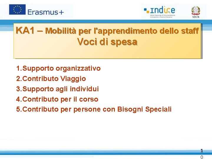 KA 1 – Mobilità per l'apprendimento dello staff Voci di spesa 1. Supporto organizzativo