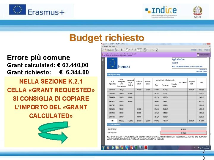  Budget richiesto Errore più comune Grant calculated: € 63. 440, 00 Grant richiesto: