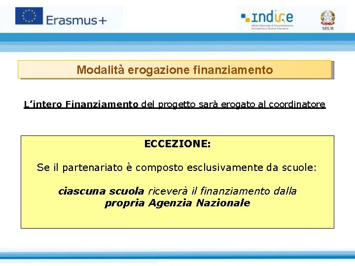 Modalità erogazione finanziamento L’intero Finanziamento del progetto sarà erogato al coordinatore ECCEZIONE: Se il