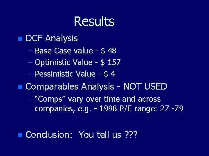 Results n DCF Analysis – Base Case value - $ 48 – Optimistic Value Results n DCF Analysis – Base Case value - $ 48 – Optimistic Value