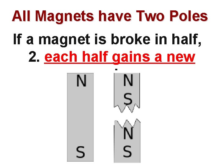 All Magnets have Two Poles If a magnet is broke in half, 2. each