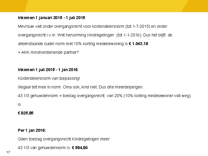 Inkomen 1 januari 2015 - 1 juli 2015 Mevrouw valt onder overgangsrecht voor kostendelersnorm