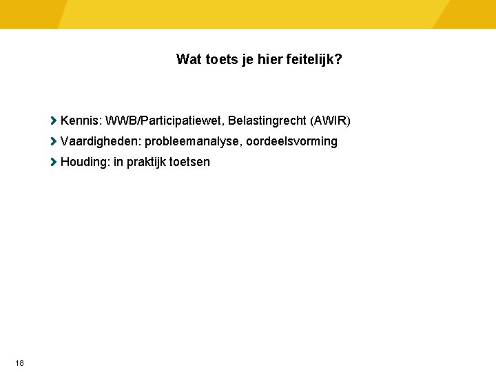 Wat toets je hier feitelijk? Kennis: WWB/Participatiewet, Belastingrecht (AWIR) Vaardigheden: probleemanalyse, oordeelsvorming Houding: in