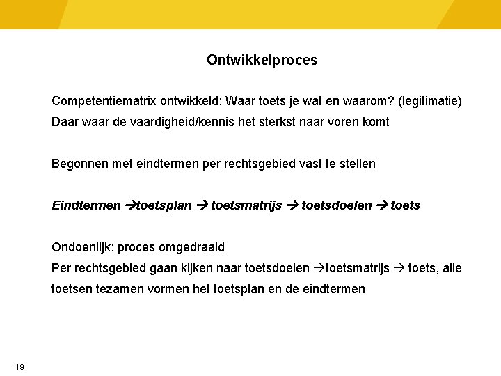 Ontwikkelproces Competentiematrix ontwikkeld: Waar toets je wat en waarom? (legitimatie) Daar waar de vaardigheid/kennis