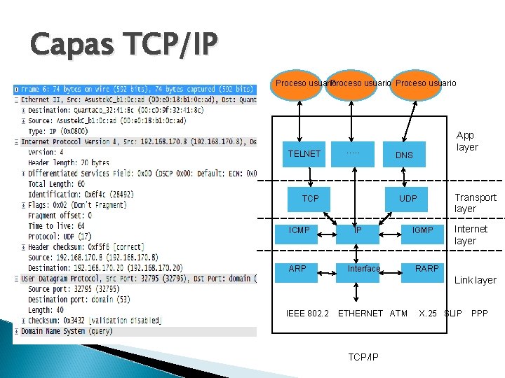 Capas TCP/IP Proceso usuario TELNET …. . TCP ICMP ARP App layer DNS Transport