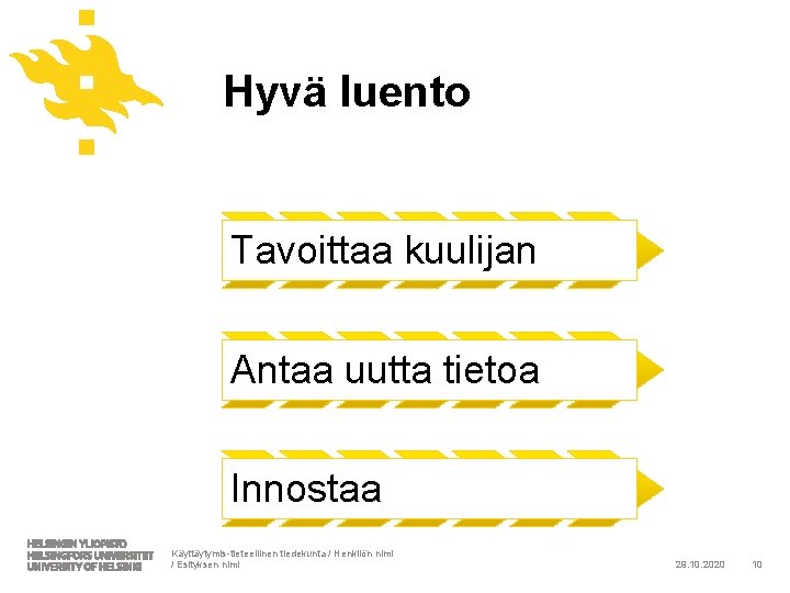 Hyvä luento Tavoittaa kuulijan Antaa uutta tietoa Innostaa Käyttäytymis-tieteellinen tiedekunta / Henkilön nimi /