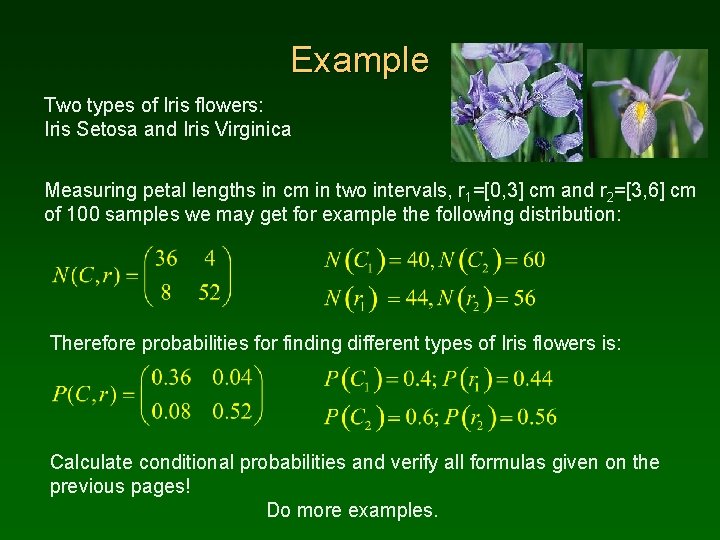 Example Two types of Iris flowers: Iris Setosa and Iris Virginica Measuring petal lengths