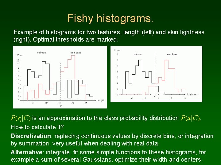 Fishy histograms. Example of histograms for two features, length (left) and skin lightness (right).