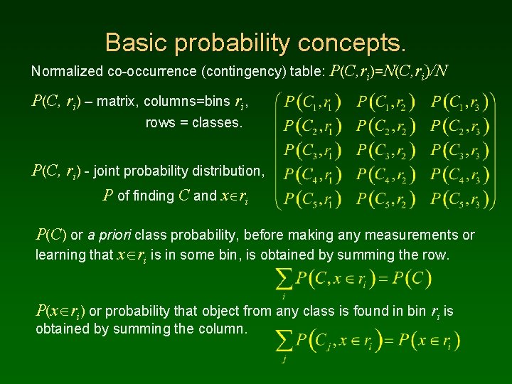 Basic probability concepts. Normalized co-occurrence (contingency) table: P(C, ri)=N(C, ri)/N P(C, ri) – matrix,