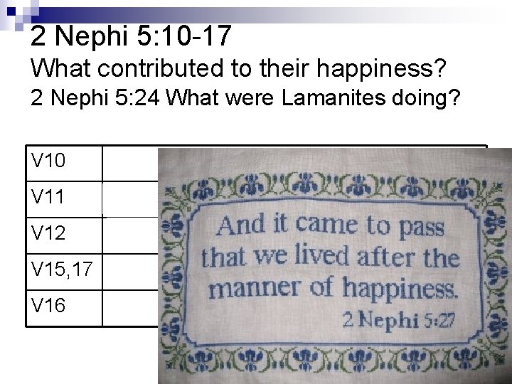 2 Nephi 5: 10 -17 What contributed to their happiness? 2 Nephi 5: 24 2 Nephi 5: 10 -17 What contributed to their happiness? 2 Nephi 5: 24