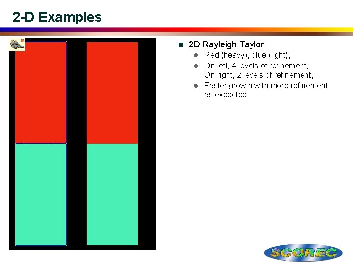 2 -D Examples n 2 D Rayleigh Taylor Red (heavy), blue (light), On left,